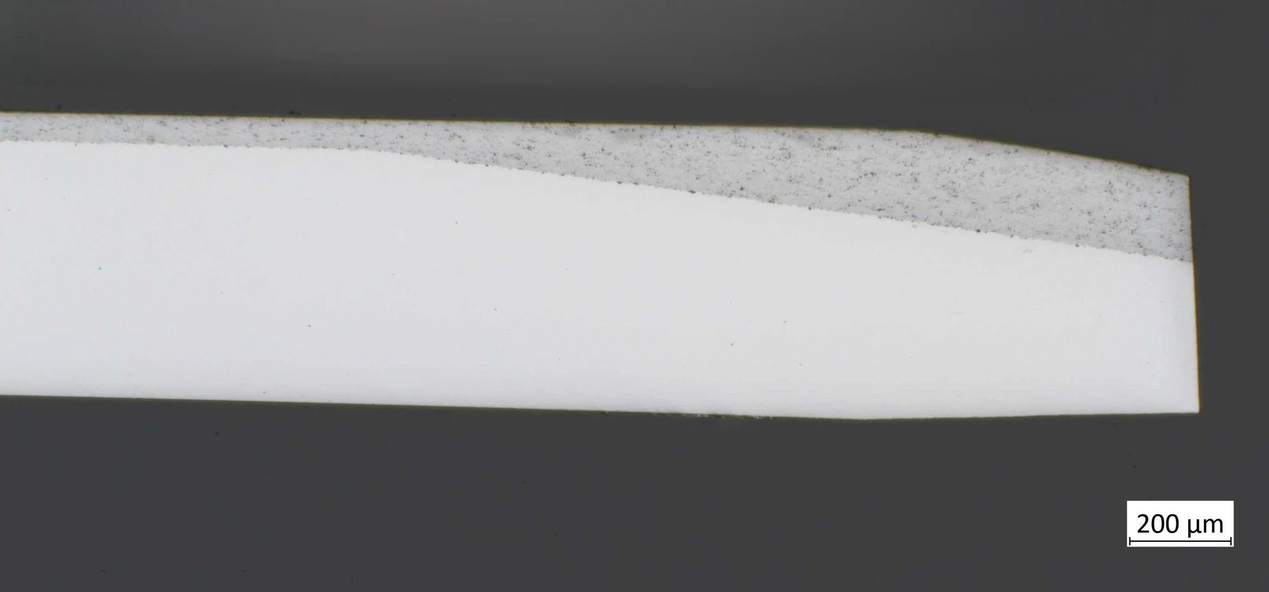 Makroaufnahme eines Siliziumwaferstücks mit kristallinen Strukturen auf der Oberfläche, Maßstab 200 Mikrometer.