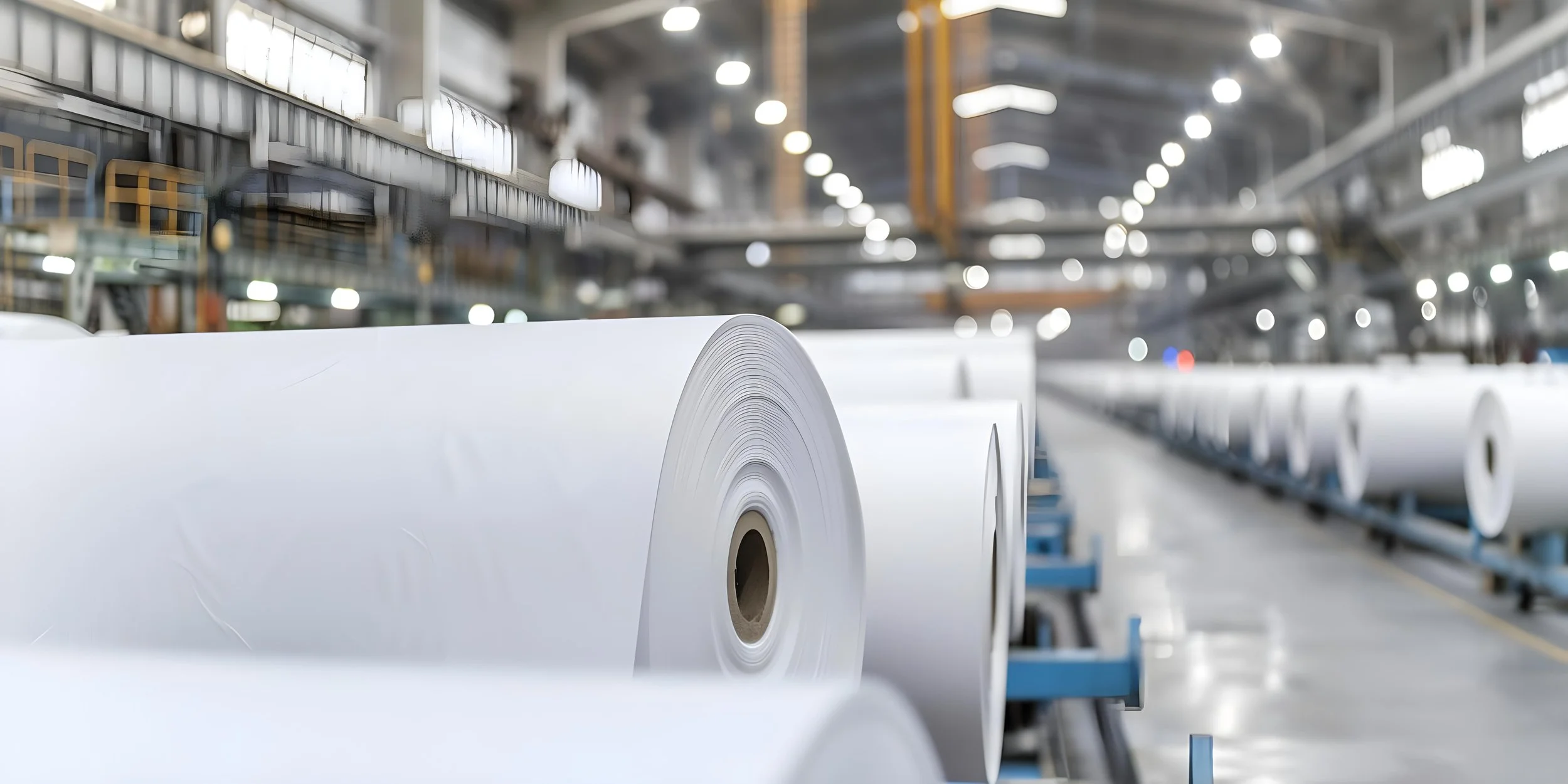 Große weiße Papierrollen befinden sich in einer Fabrikhalle, die für die Papierherstellung oder -verarbeitung genutzt wird.