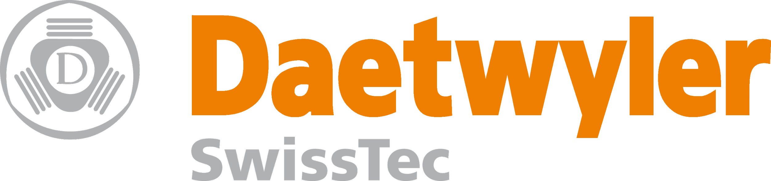 Das Logo von Daetwyler SwissTec, bestehend aus einem schwarzen Kreis mit einem grauen Rotor und einem Buchstaben D in der Mitte, daneben der Schriftzug "Daetwyler" in orange und "SwissTec" in grau.
