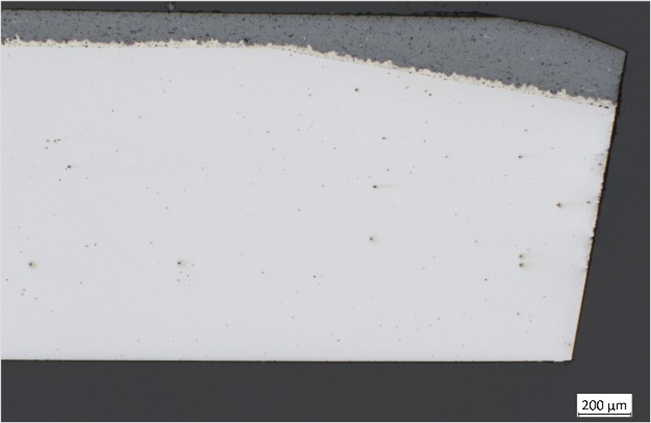 Makrofotografie eines Querschnitts eines Materials, vermutlich Keramik oder ein ähnliches festes Material, mit sichtbaren Partikeln und einer glatten Oberfläche, Maßstabsleiste mit 200 Mikrometern.