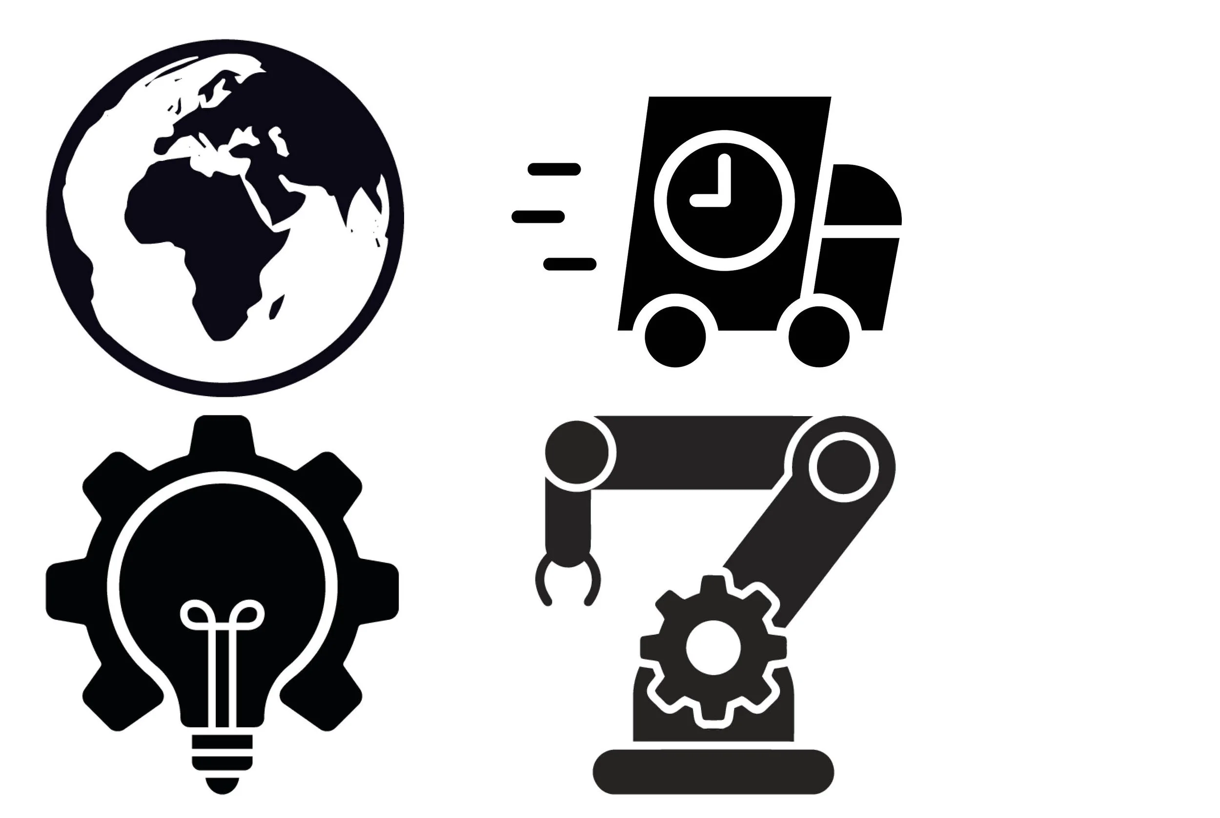 Grafik mit Weltkarte, Uhr, Roboterarm, Glühbirne und Zahnrädern, symbolisiert Innovation, Technik, Zeitmanagement und globale Entwicklung.