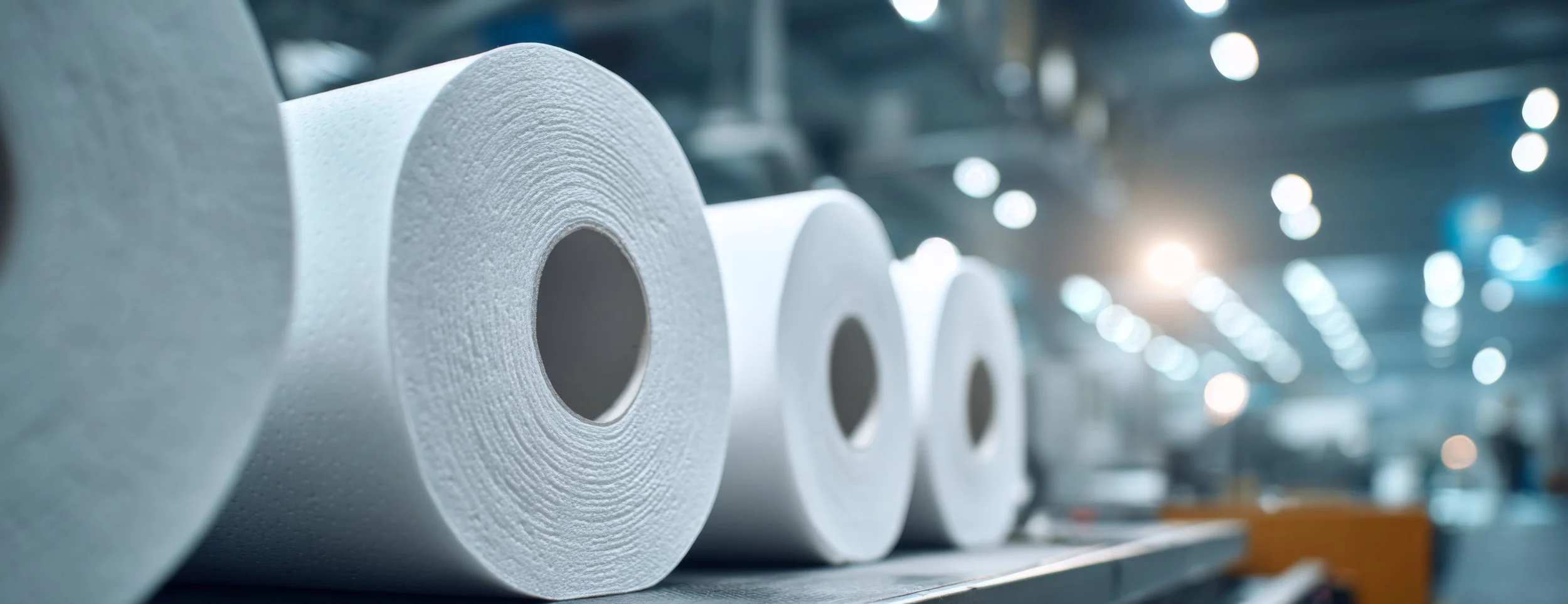 Schwerer Karton mit Papierrollen in einer Fabrikhalle.