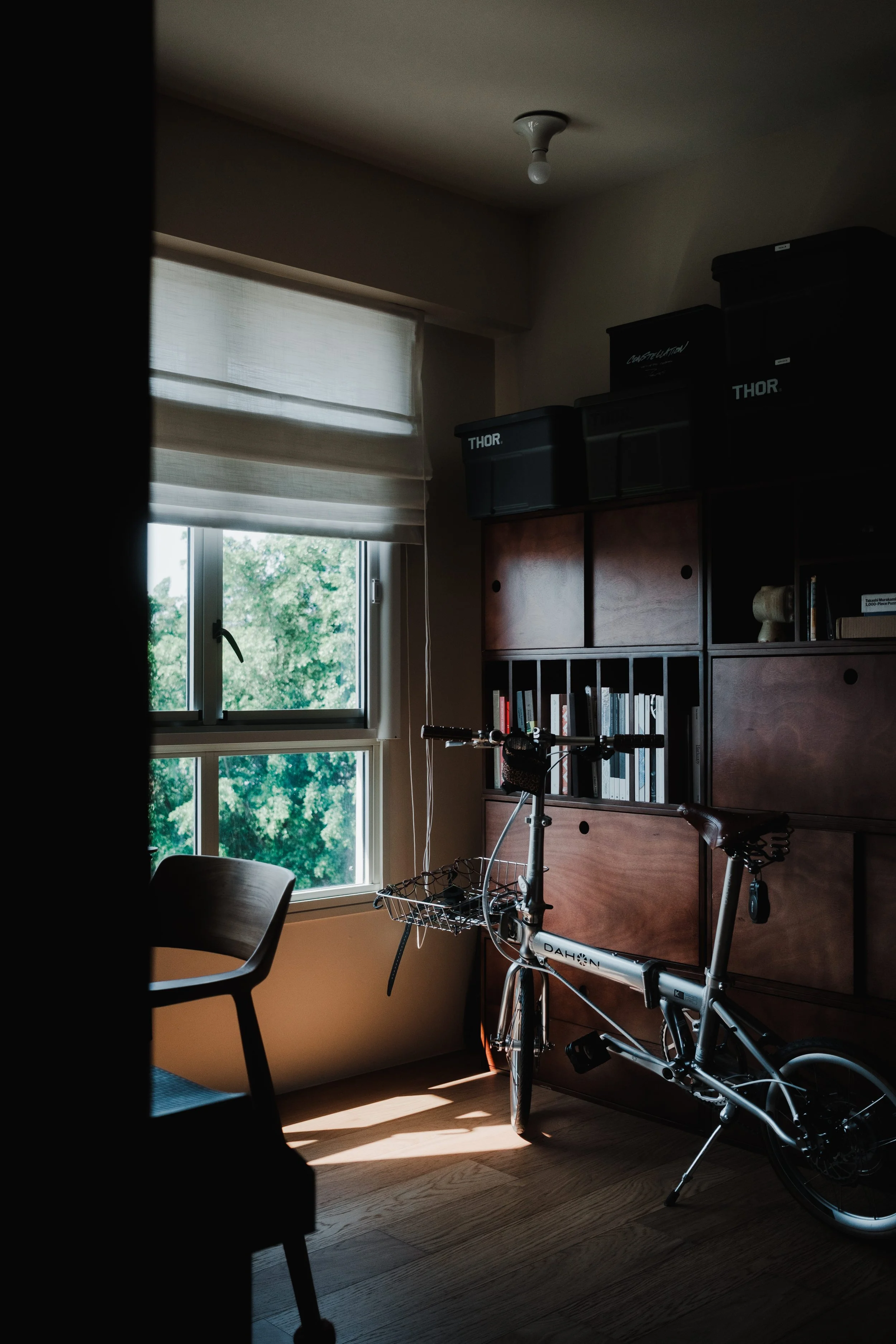Roman blinds filtering natural light in a cosy Singapore home office, with a bicycle, dark wood shelving and greenery outside the window.
