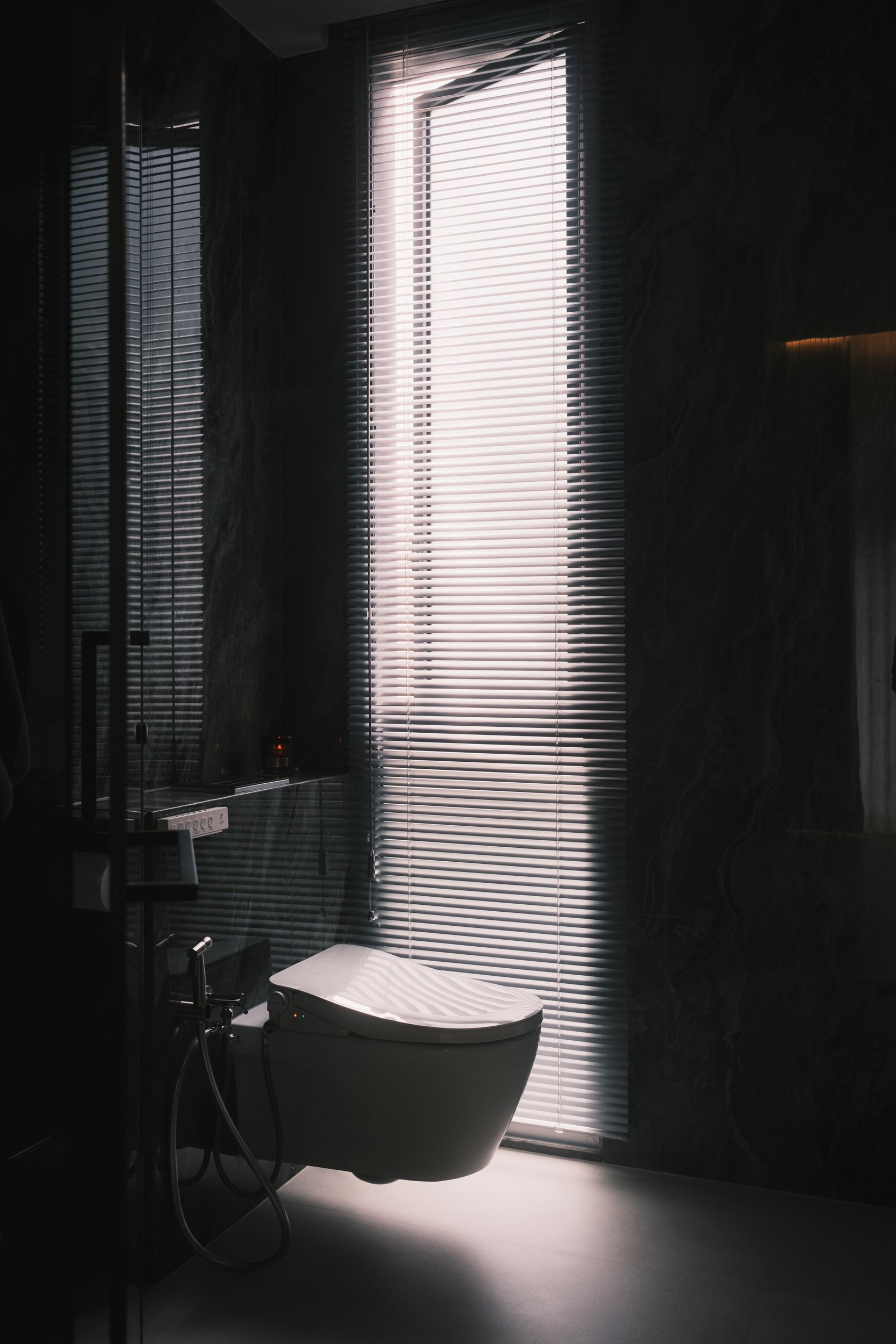 Aluminium blinds filtering natural light while providing privacy in a dark, moody bathroom interior.