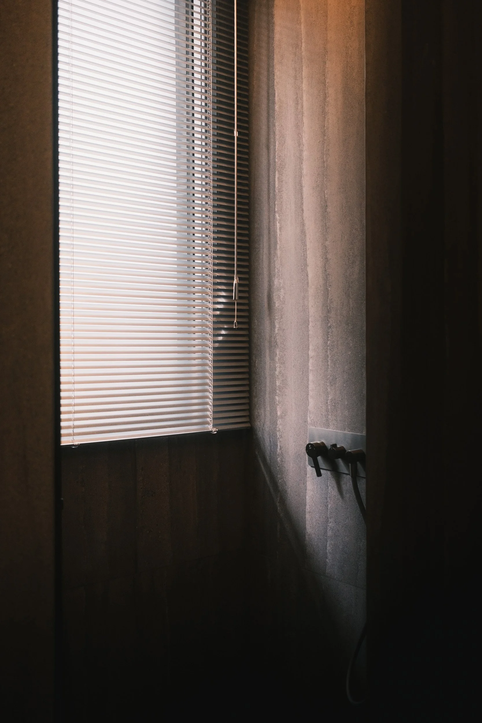 Aluminium blinds filtering natural light while providing privacy in a dark, moody bathroom interior.