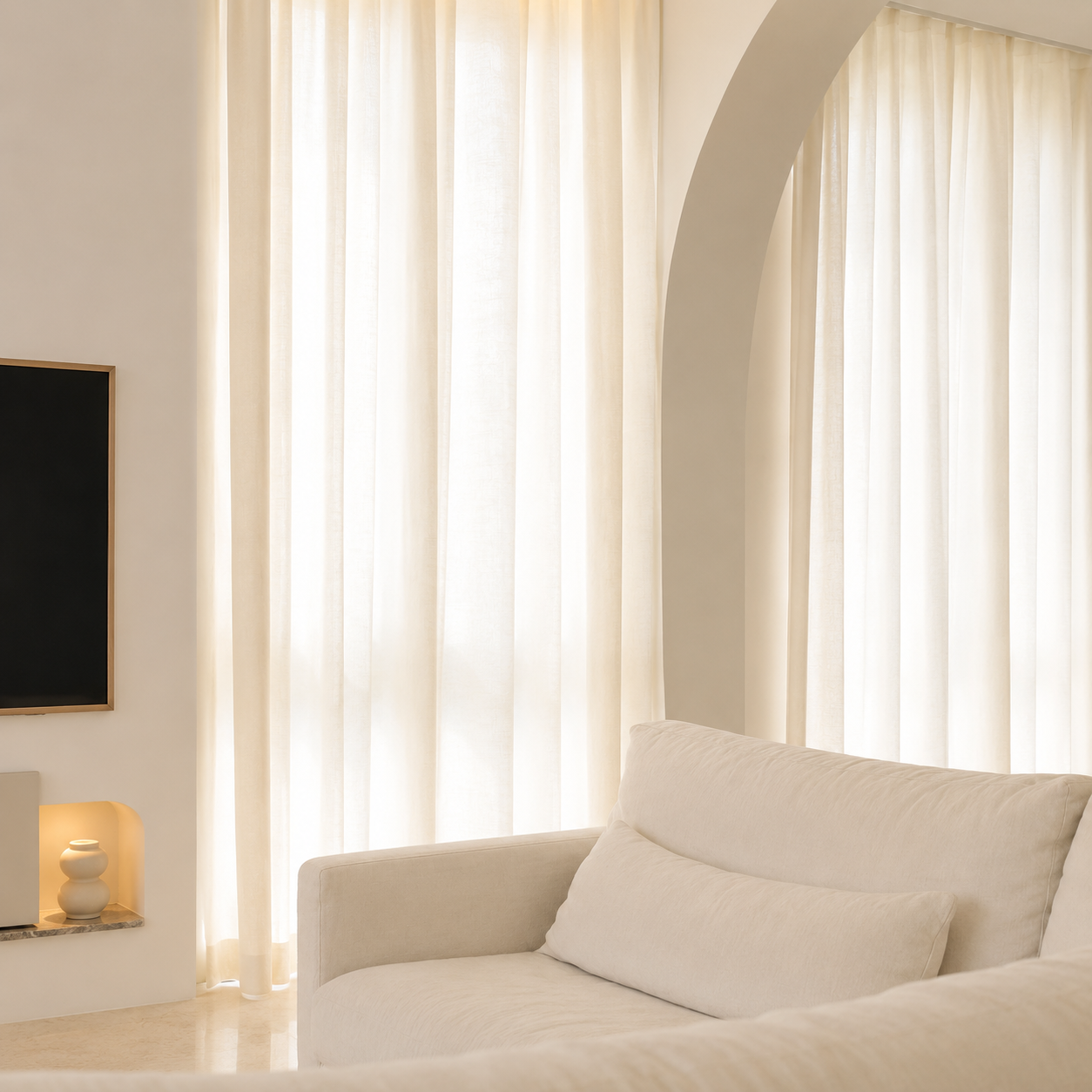 Full-height curtains softly filtering natural light in a bright Singapore living room, complementing the arched architecture and warm neutral interior.