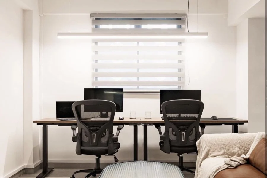Everyday Curtains Singapore Korean Combi Blinds in a bright home office with two desks, chairs, and soft layered daylight control.