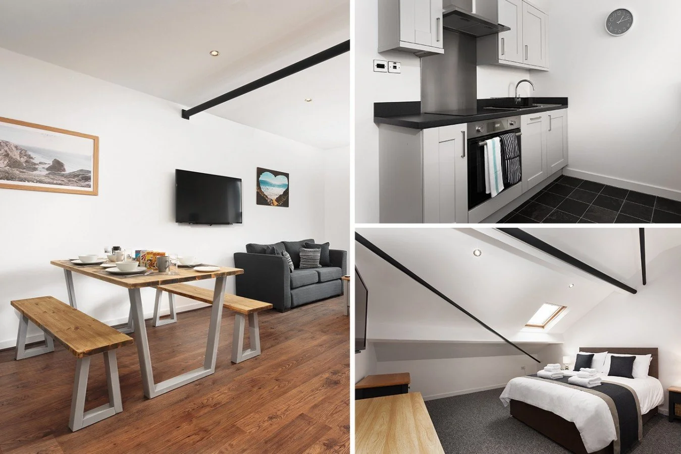 Interior of a modern apartment featuring a living room with a dining area and a sofa, a kitchen with white cabinets and black countertops, and a bedroom with a bed and skylight.