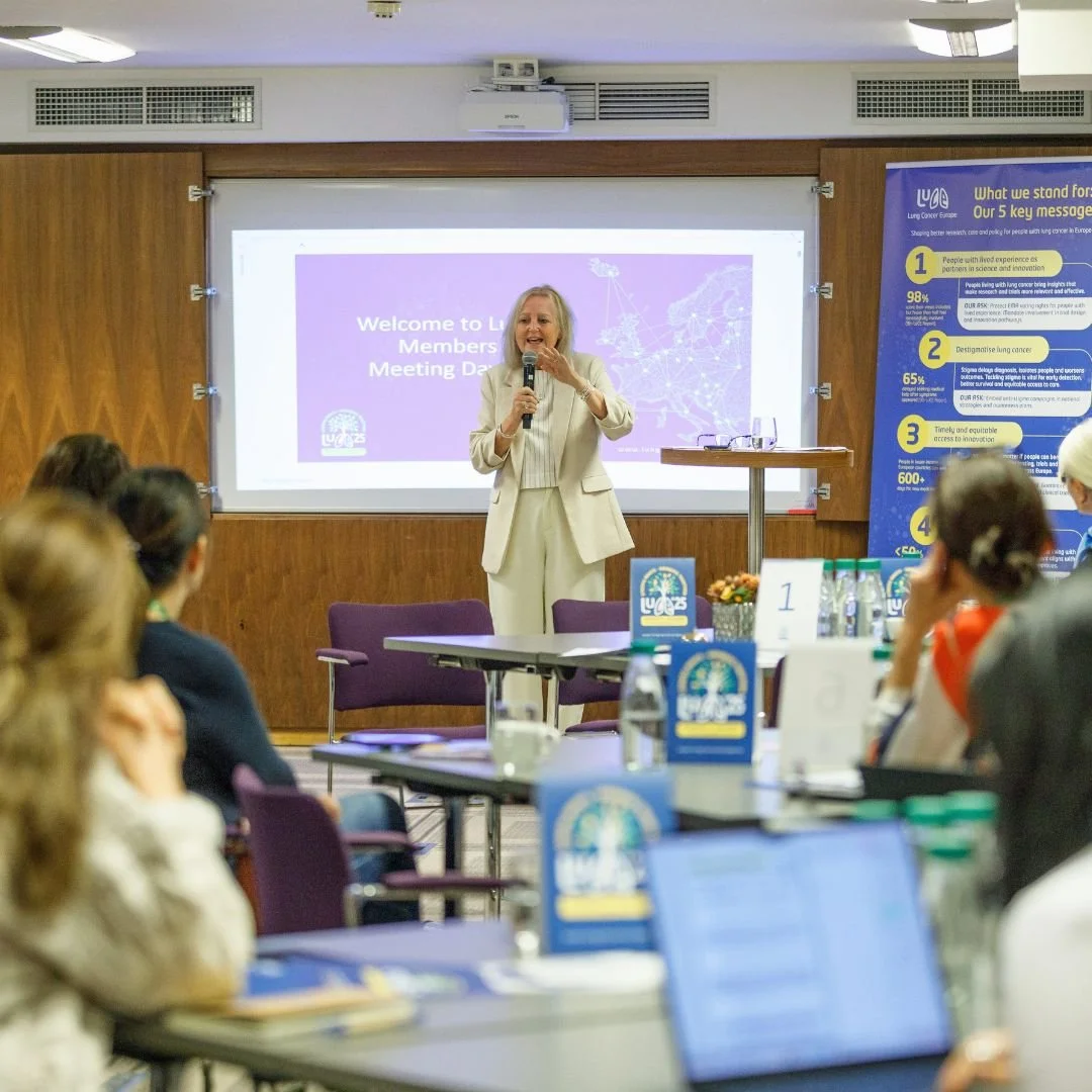 Debra Montague, Lung Cancer Europe President, speaking to member organisations at a member meeting.