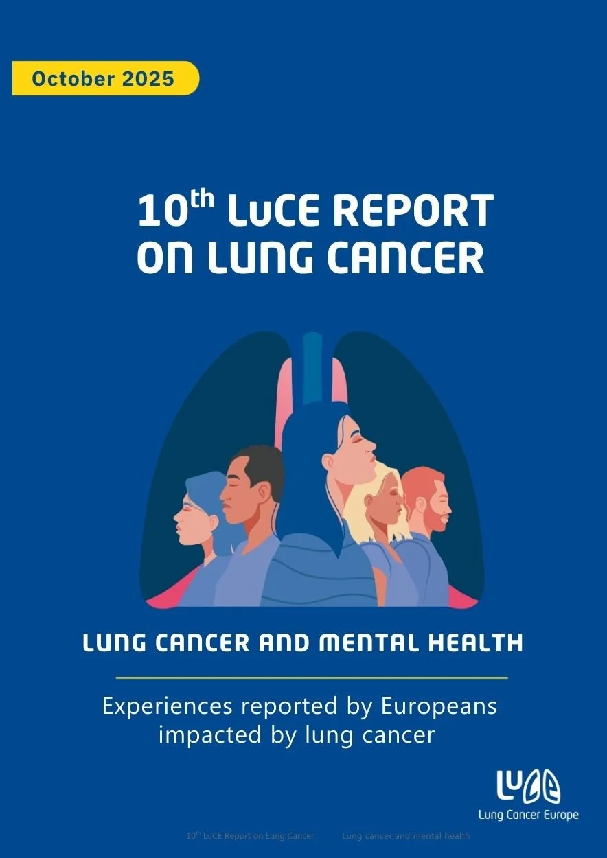 Cover page of the 10th LUCE Report on Lung Cancer, published in October 2025, featuring an illustration of diverse people with lungs depicted above, and text about lung cancer and mental health experiences reported by Europeans impacted by lung cancer.