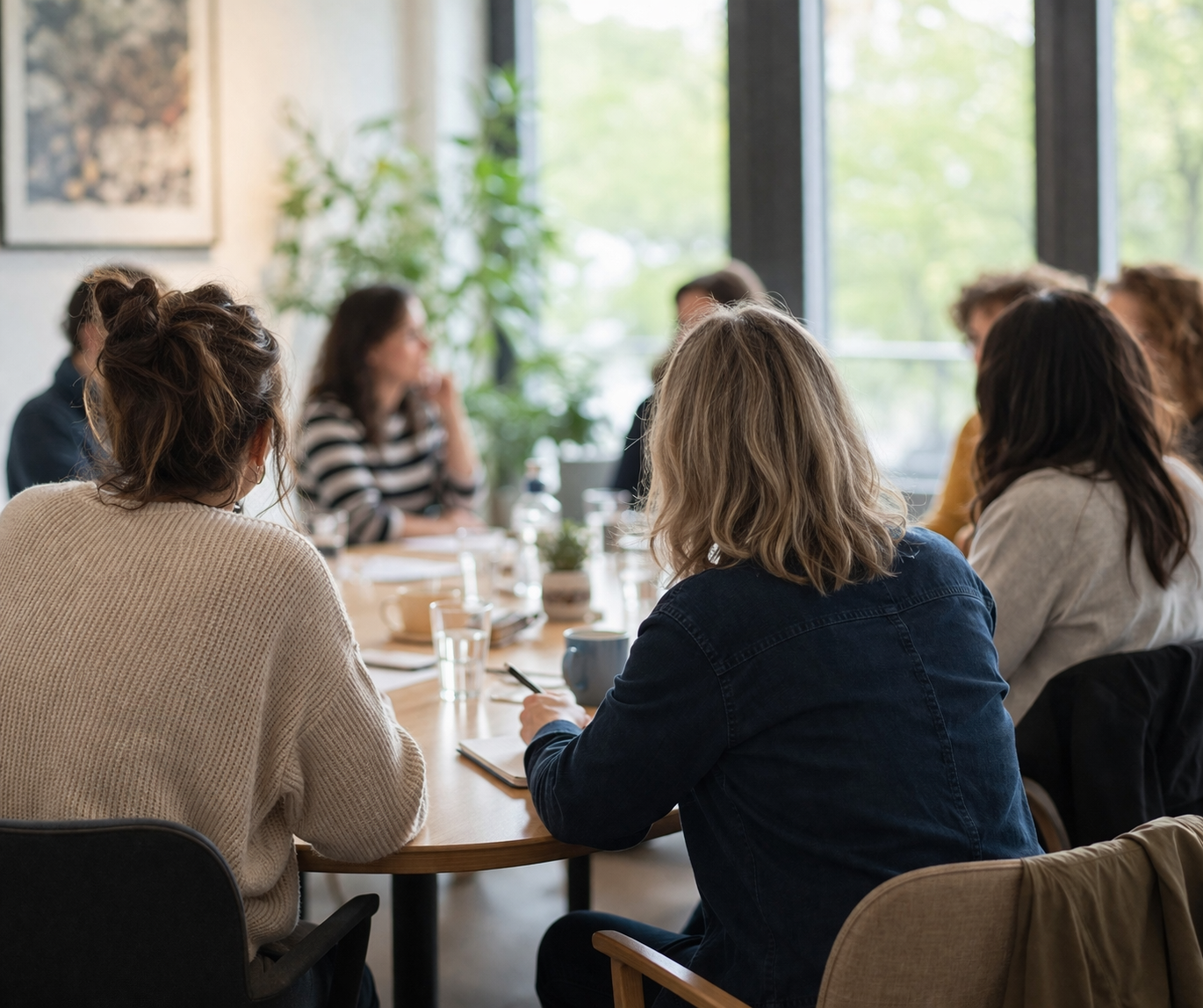 A group of people seated around a table in discussion in a bright, informal meeting room at a Lung Cancer Europe patient advisory board group discussion