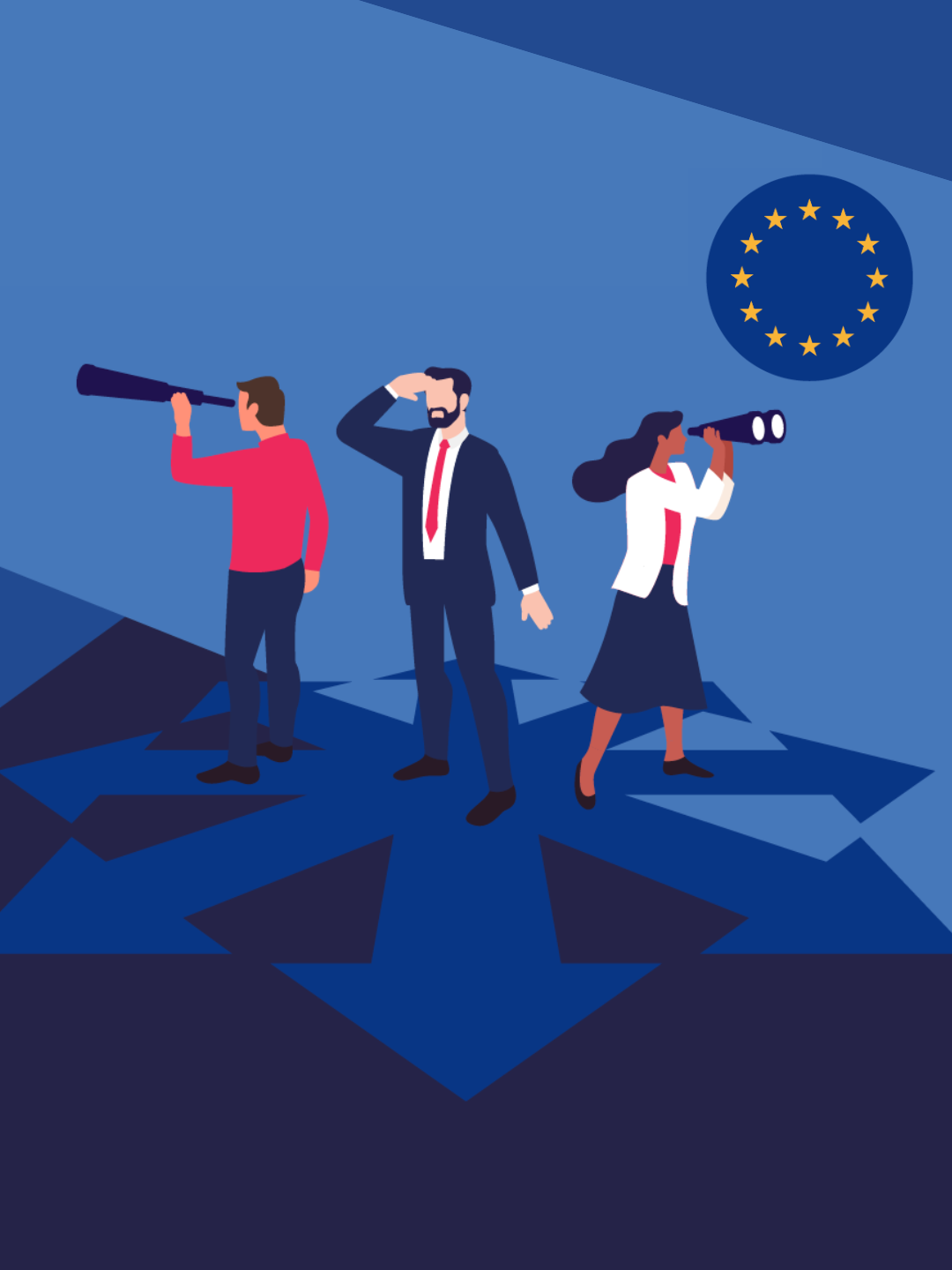 Stylised illustration of people looking ahead through binoculars, with the European circle of stars in the background, symbolising Europe’s future direction in cancer care and innovation.