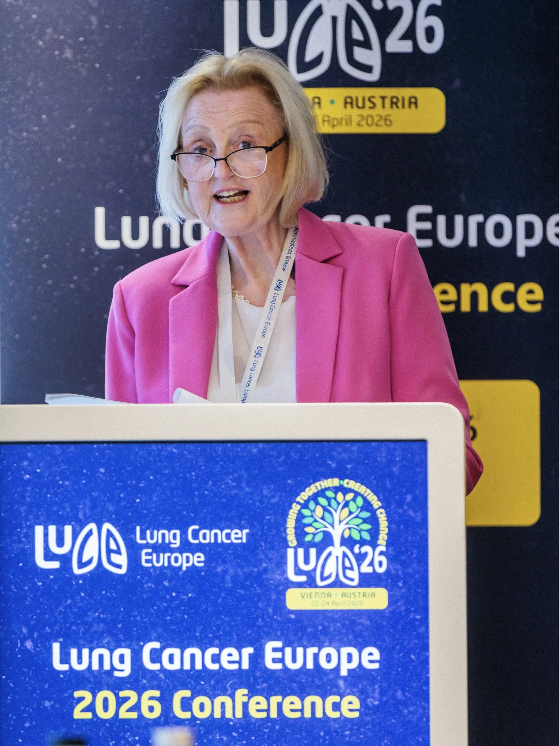 Debra Montague, President of Lung Cancer Europe, speaking at the inaugural Lung Cancer Europe Conference in Vienna, April 2026.