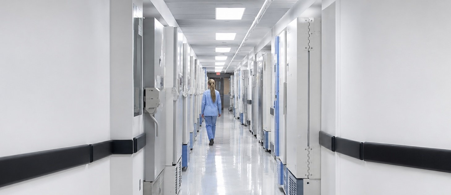 Heathcare professional walking down empty hospital coridoor