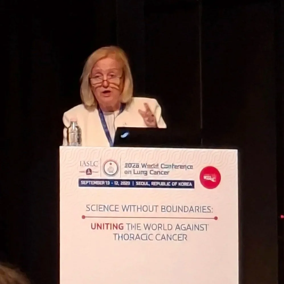 Debra Montague speaking at the Lung Cancer Policy Network workshop during WCLC 2026 in Seoul.