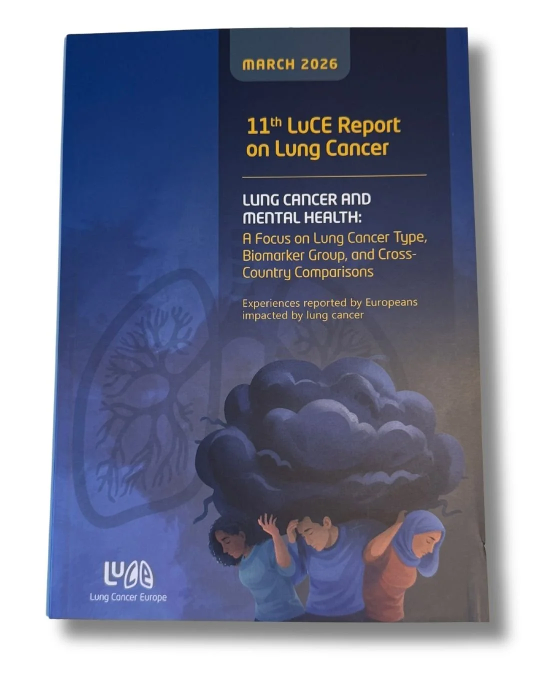 Cover of the LUCE Report on Lung Cancer, March 2026, with title and illustration of three people carrying a large cloud over their shoulders, a lung diagram in the background.