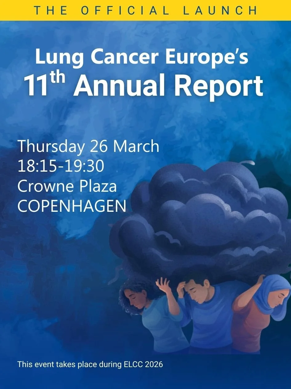 Illustration of lungs with a cloud representing mental health burden, promoting Lung Cancer Europe’s report on mental health in lung cancer based on responses from 31 European countries