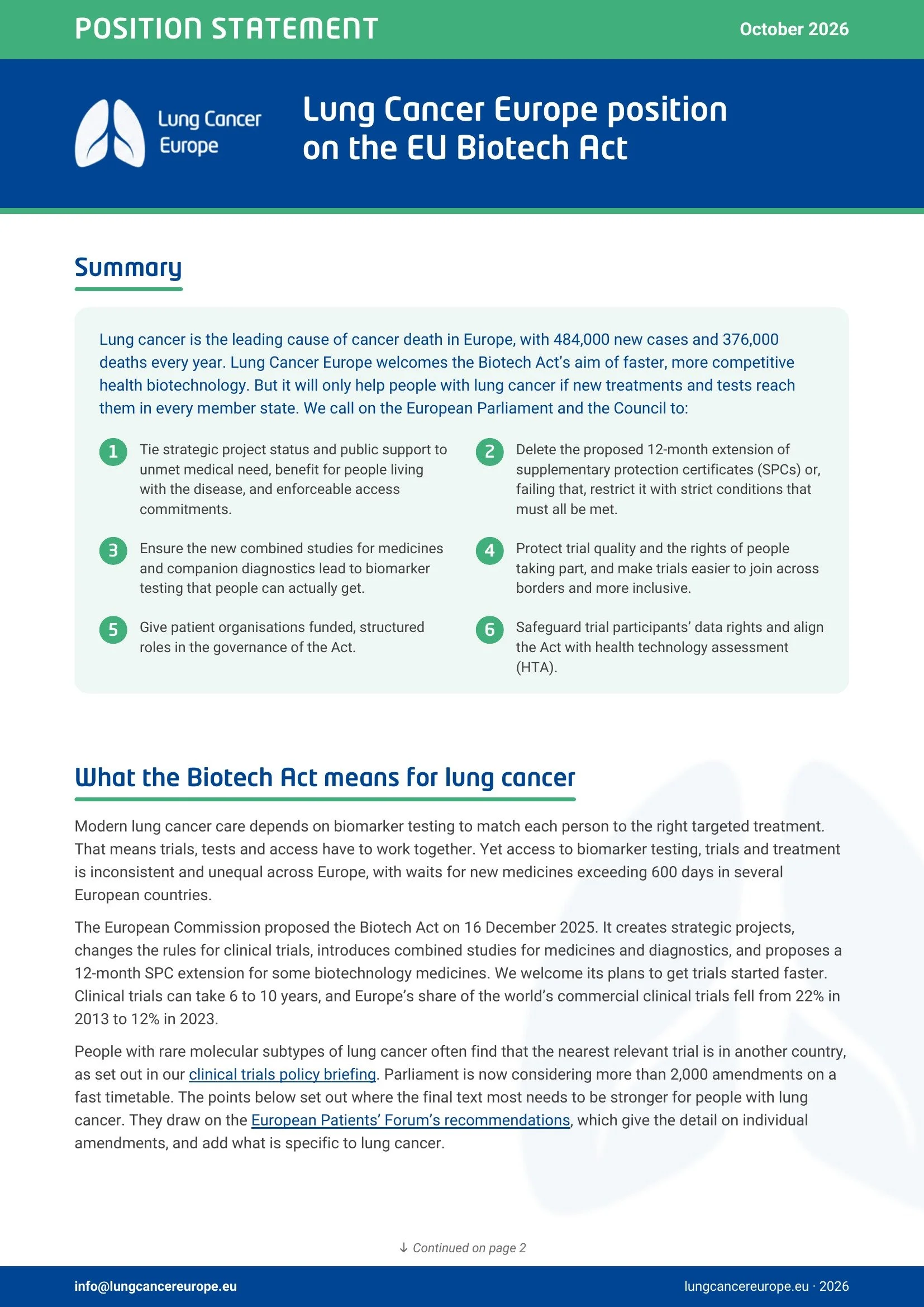 Cover of Lung Cancer Europe’s position statement on the EU Biotech Act, October 2026