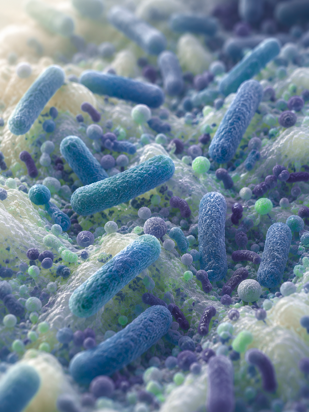Conceptual illustration of rod-shaped gut bacteria and other microbes within the human microbiome, representing research into how the gut microbiome may influence immunotherapy response in lung cancer.