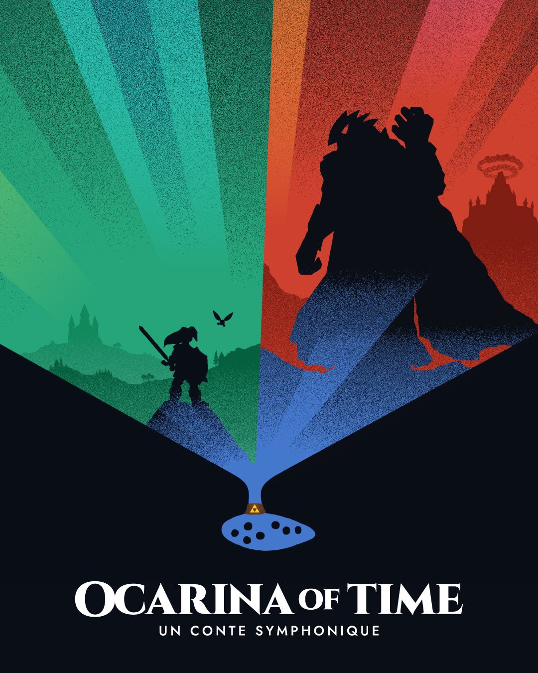 Affiche illustrée du concert "Ocarina of Time" et "Un conte symphonique" par l'orchestre Pixelophonia. Représentant Link et Ganon.