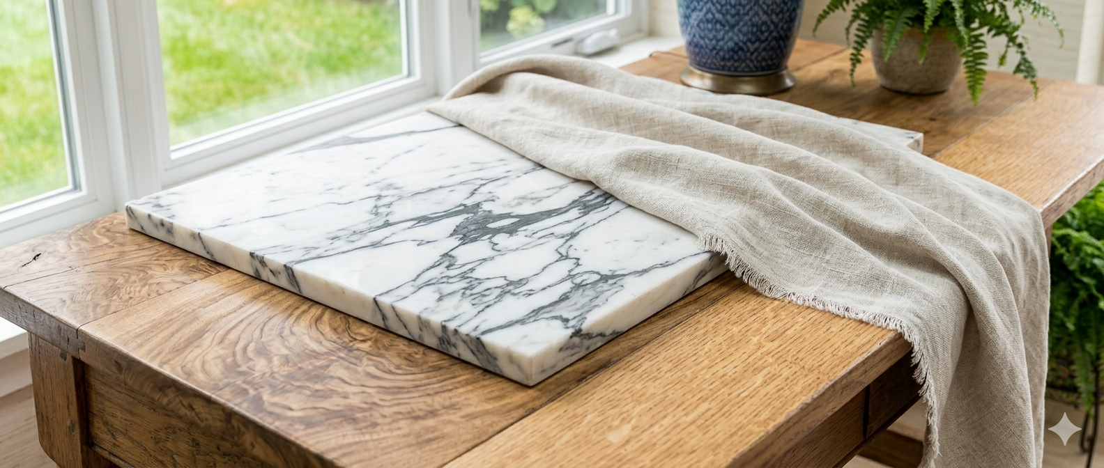 An interior design concept showcasing a premium white marble slab and natural linen textiles on a rustic oak table by the new room in Sevenoaks.