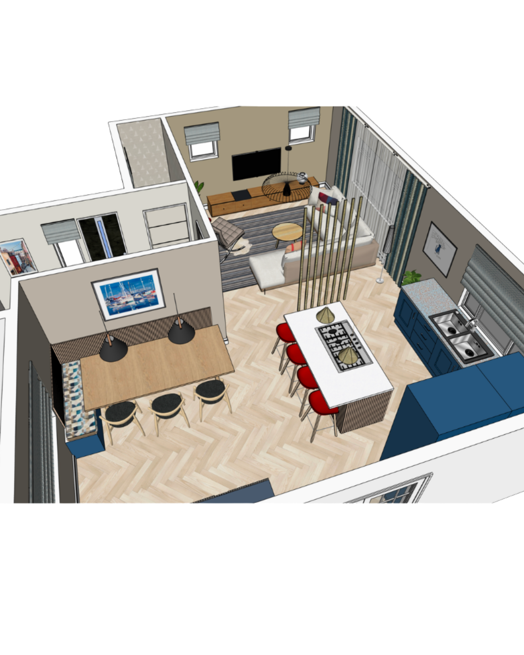 3D digital rendering and spatial planning for an open-plan kitchen, dining, and living area design by the new room in Sevenoaks.