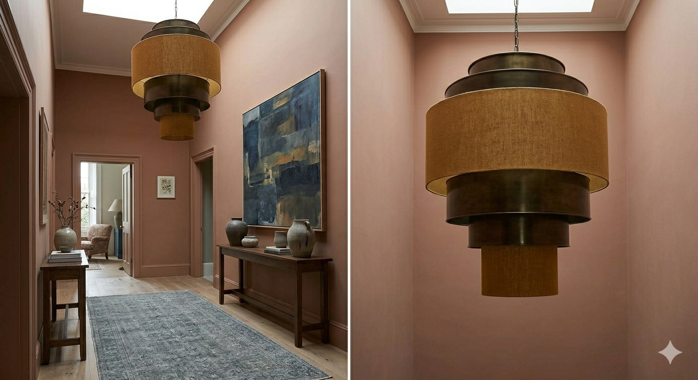 Bespoke hallway styling visualization showcasing a luxury multi-tiered chandelier, warm earthy wall tones, and curated pottery details by the new room in Sevenoaks, Kent.