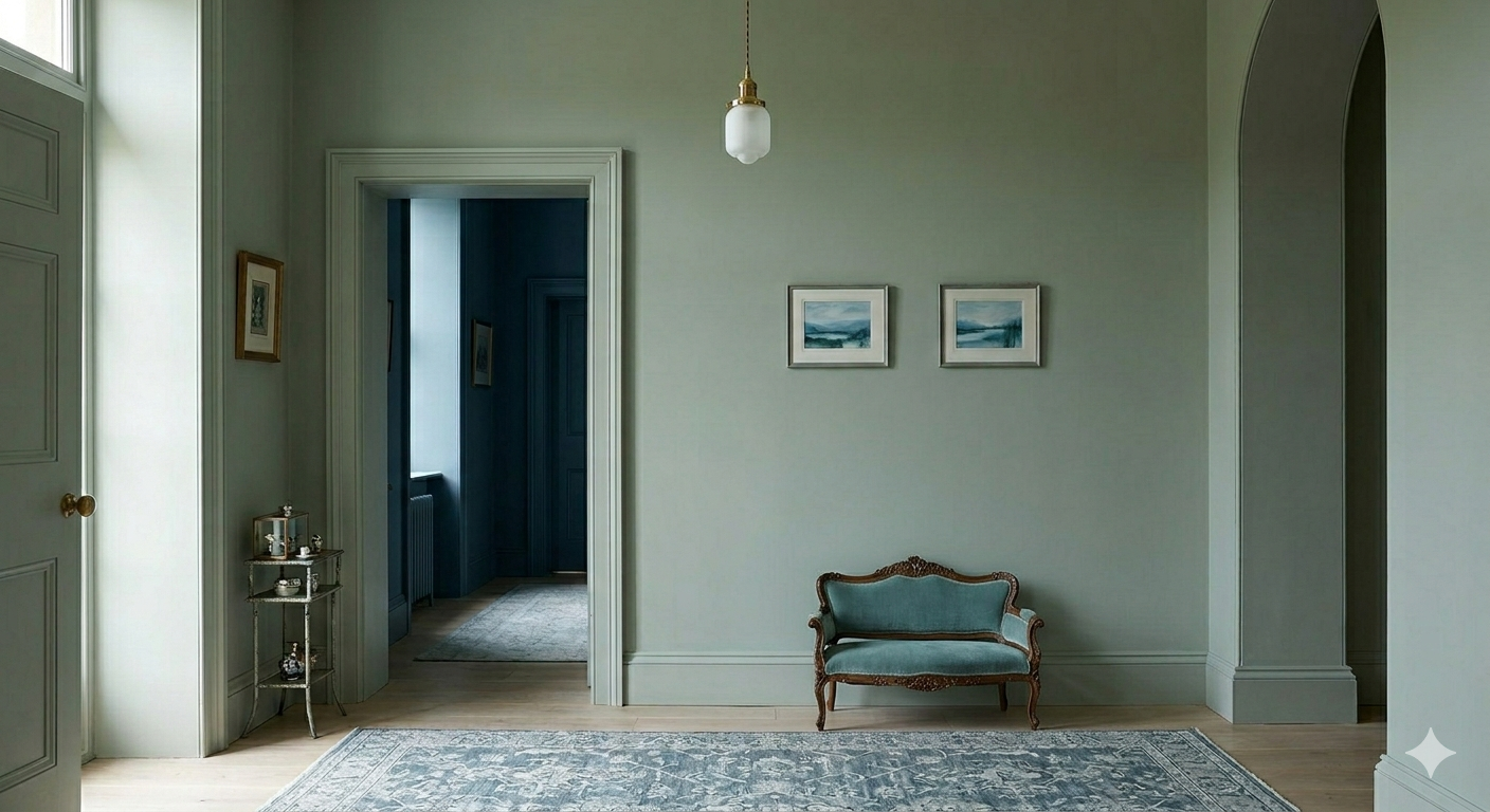 Bespoke period property interior visualization highlighting scale - we see a sophisticated color-drenched hallway layout with antique furniture styling by the new room in Sevenoaks, Kent.