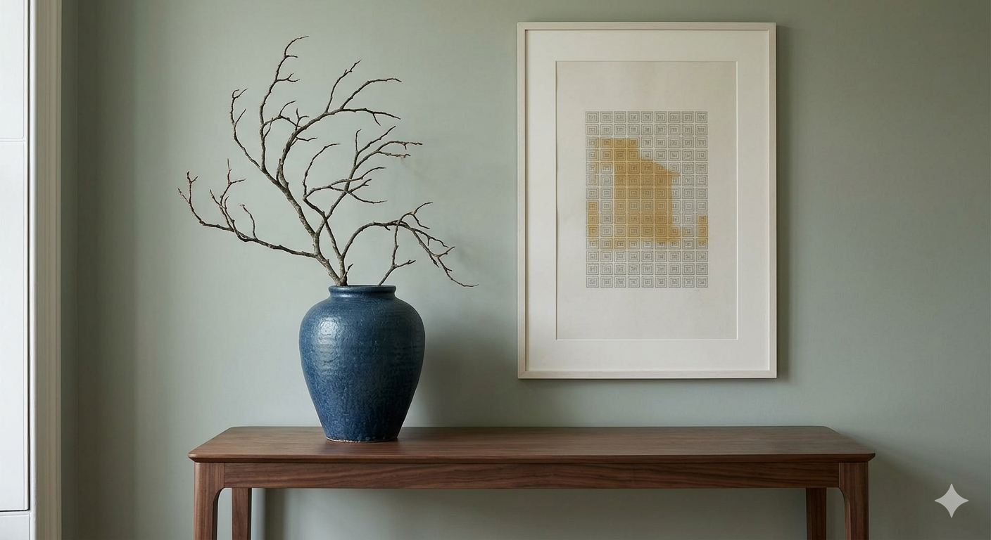 Image to illustrate scale.  Ths is High-end digital rendering of a curated hallway vignette showcasing a sage green wall, decorative branches, and contemporary styling serving Sevenoaks and Kent.