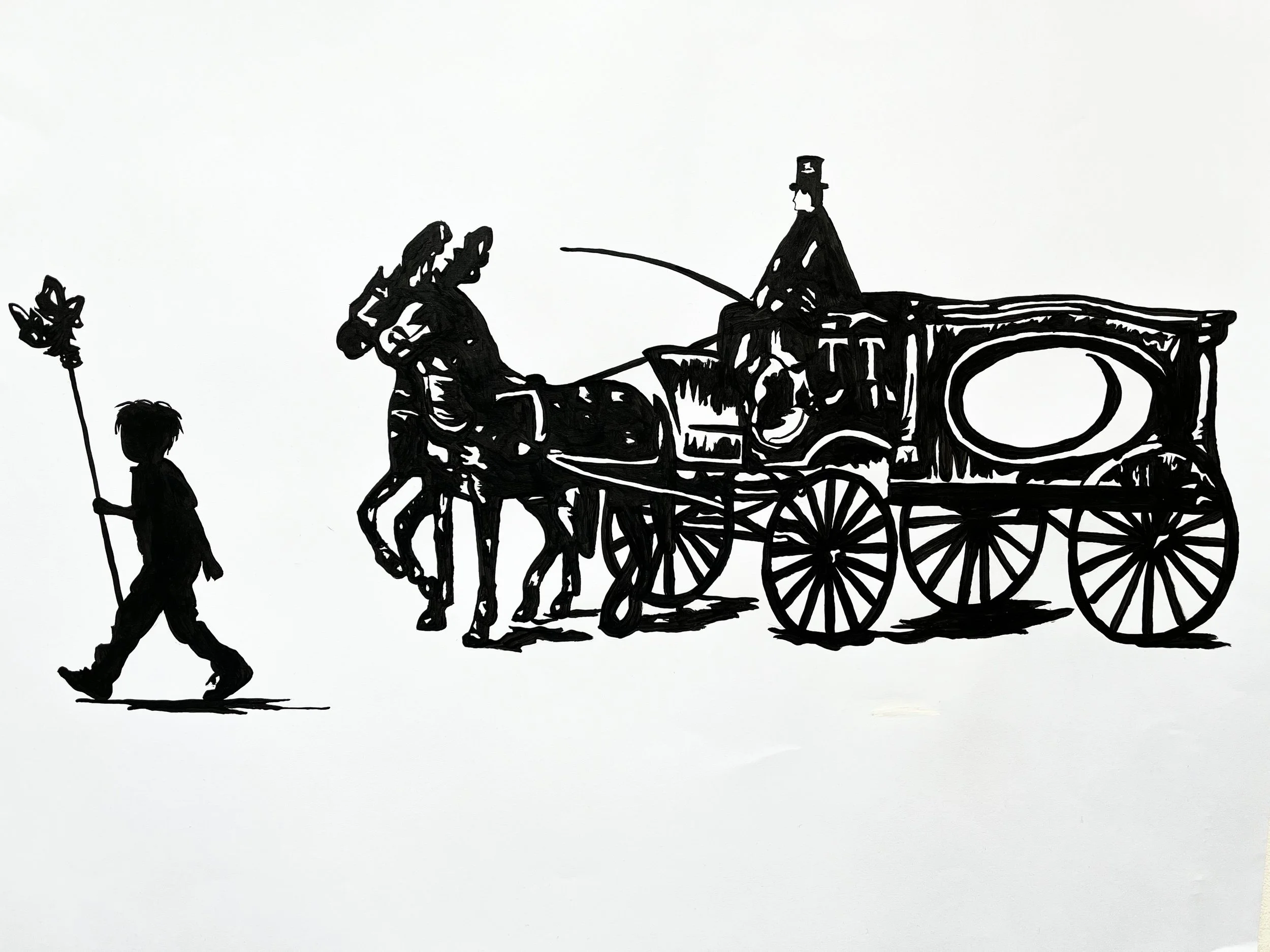 A3 acrylic silhouette painting for The Funeral Parlour in Oliver! Axminster 2024