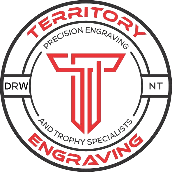 Terrority Engraving logo featuring a stylized 'T' and 'J' in the center with text 'Territory Engraving', 'Precision Engraving', 'And Trophy Specialists', and abbreviations 'DRW' and 'NT' around the circle.