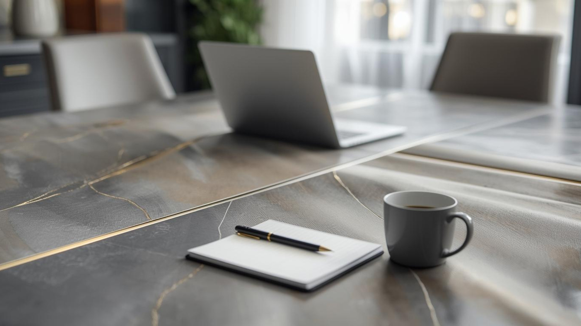 A conference room table with a laptop, a notebook, a pen, and a coffee mug, with chairs and windows in the background.