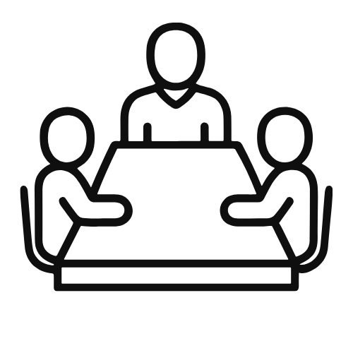 An outline illustration of three people sitting at a table in a meeting or discussion.