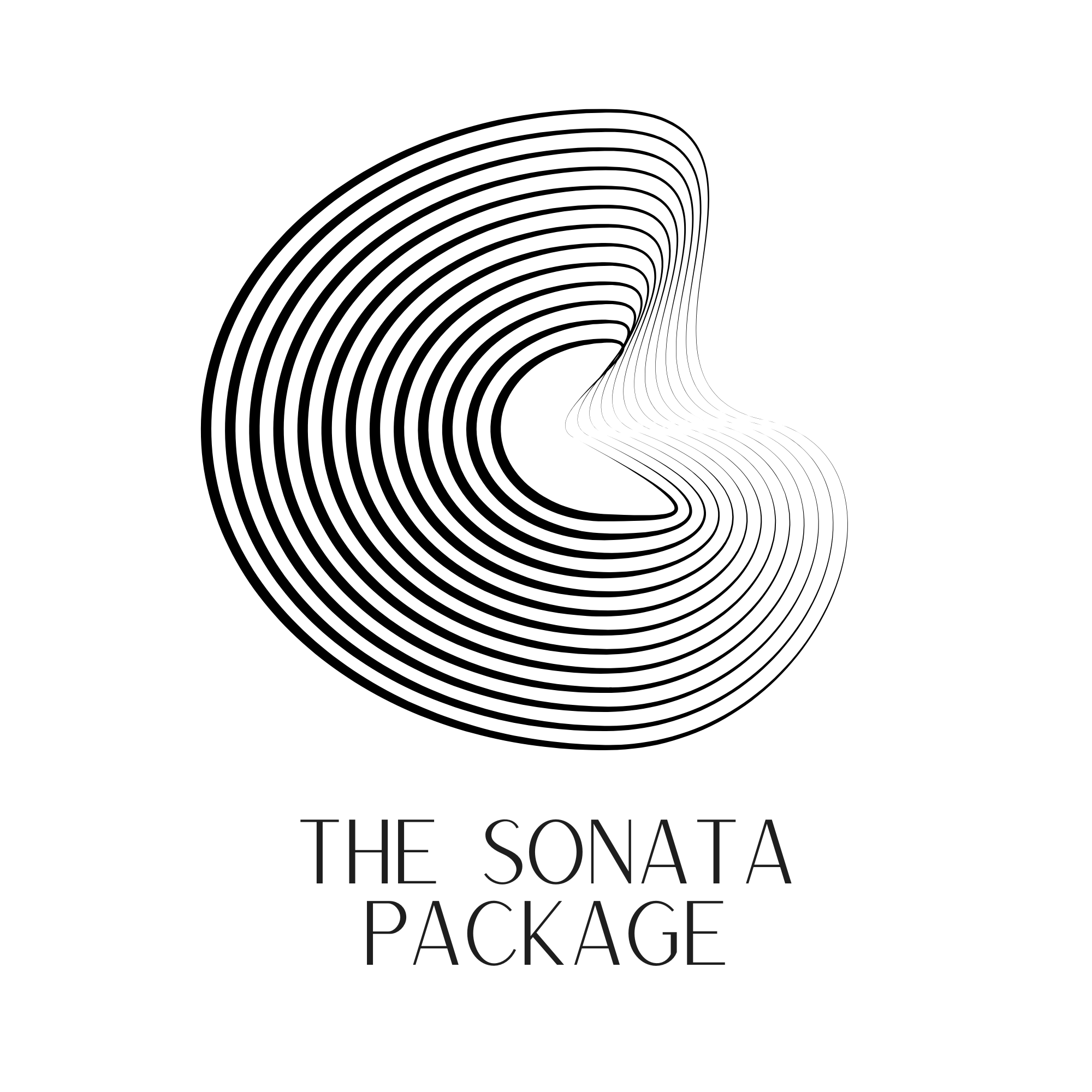 Black and white abstract logo with concentric curved lines forming a 3D shape and the text 'The Sonata Package' below it.
