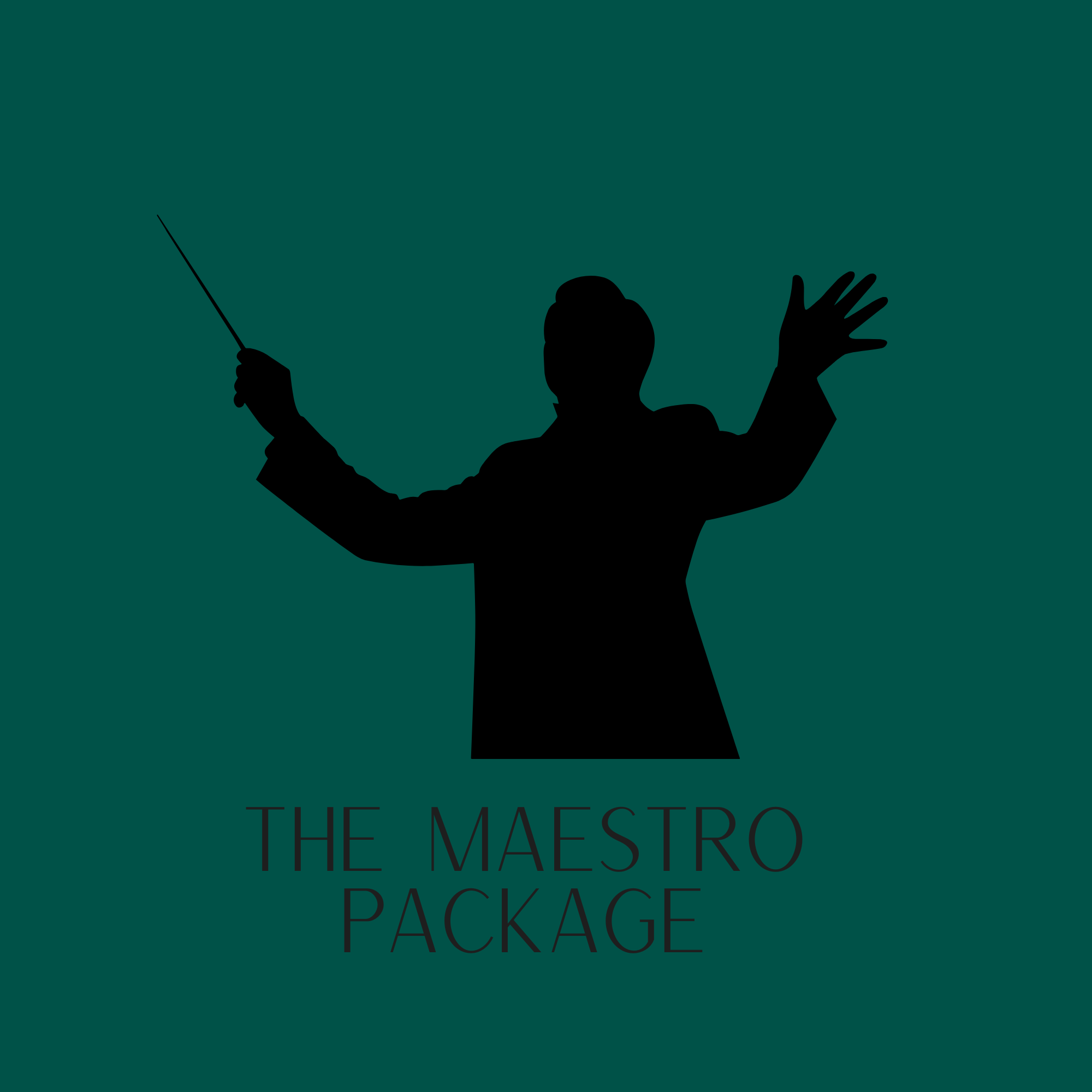 Black silhouette of a conductor holding a baton, with one hand raised, on a dark teal background. Below is the text "THE MAESTRO PACKAGE" in black.