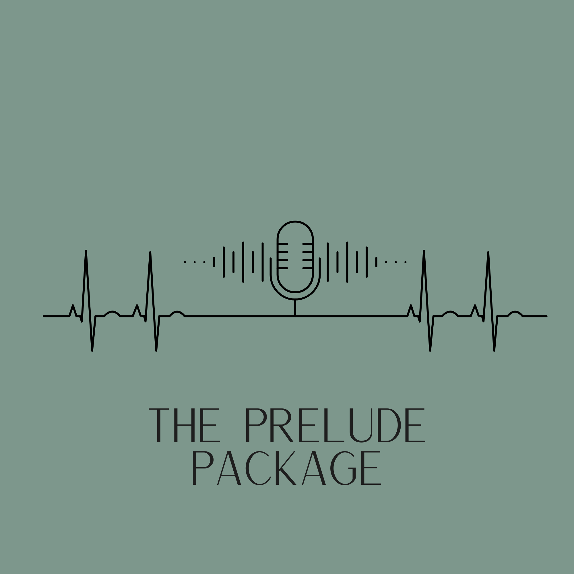 Graphic design with a microphone, sound waves, and an electrocardiogram line, with the text "The Prelude Package" below.