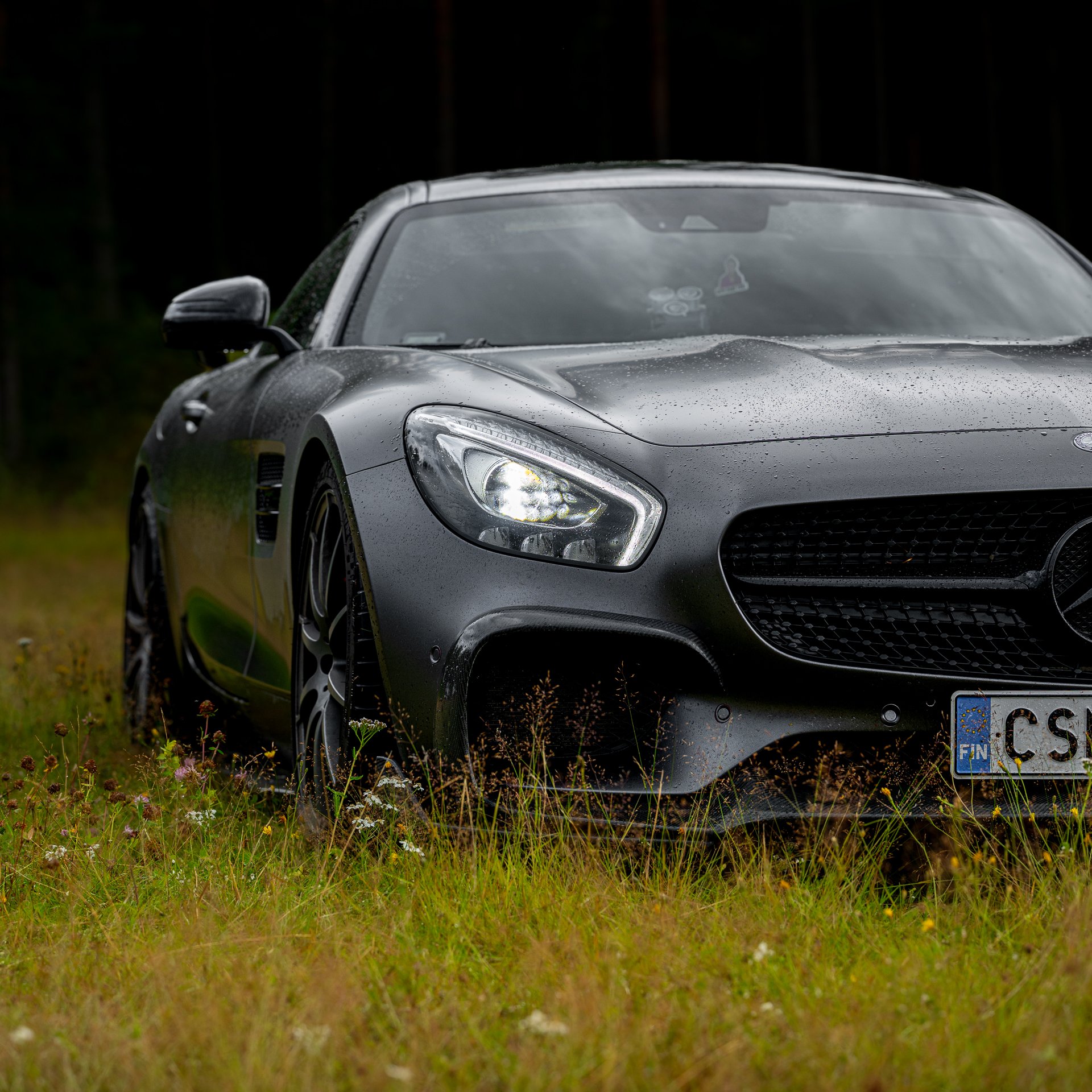 A gray sports car parked on grass with raindrops on its surface, partially visible with a focus on the front, against a dark wooded background.