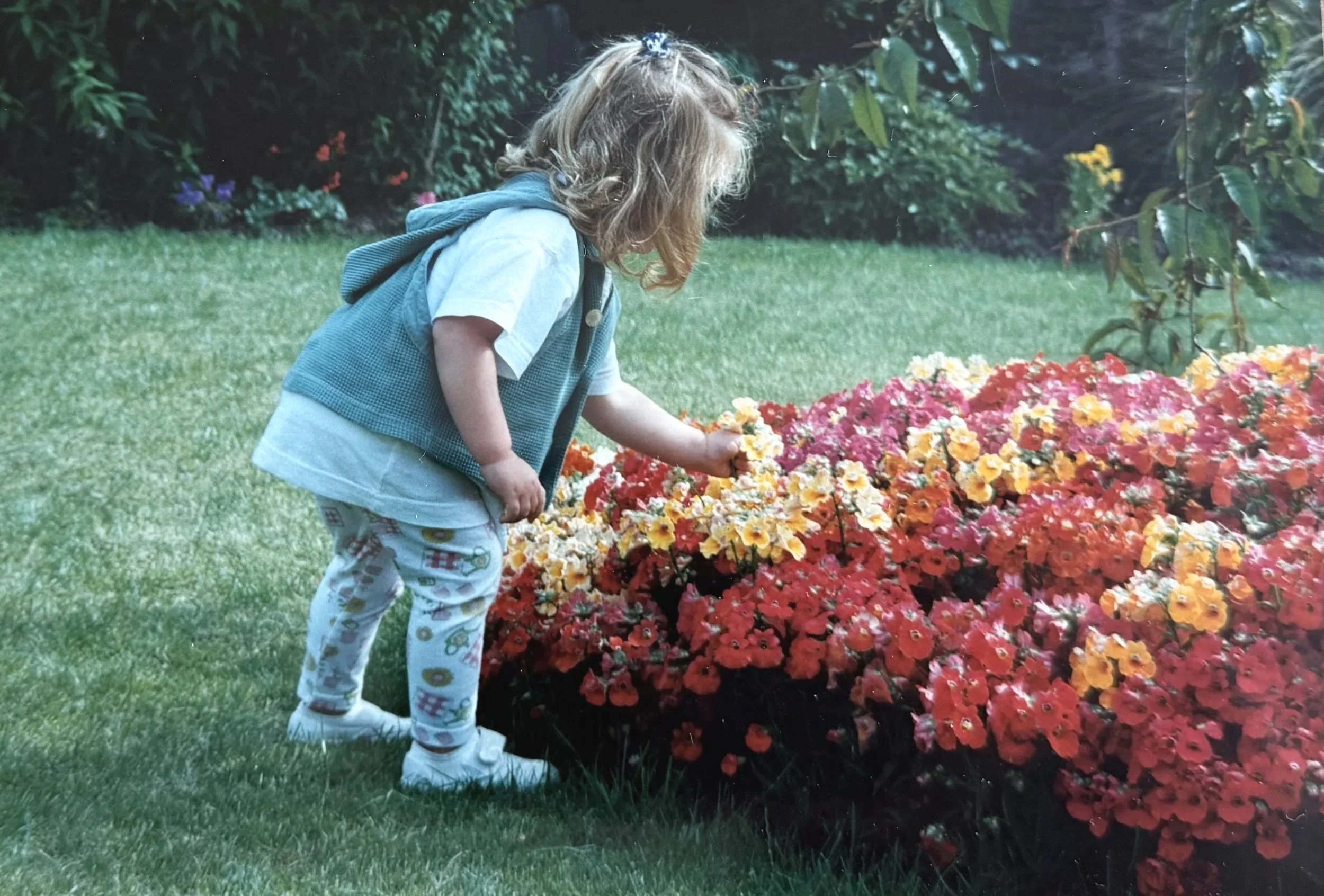 A young child with curly blonde hair, wearing a white t-shirt, a blue vest, patterned pants, and white shoes, is reaching out to touch a large bed of colorful flowers in a garden.