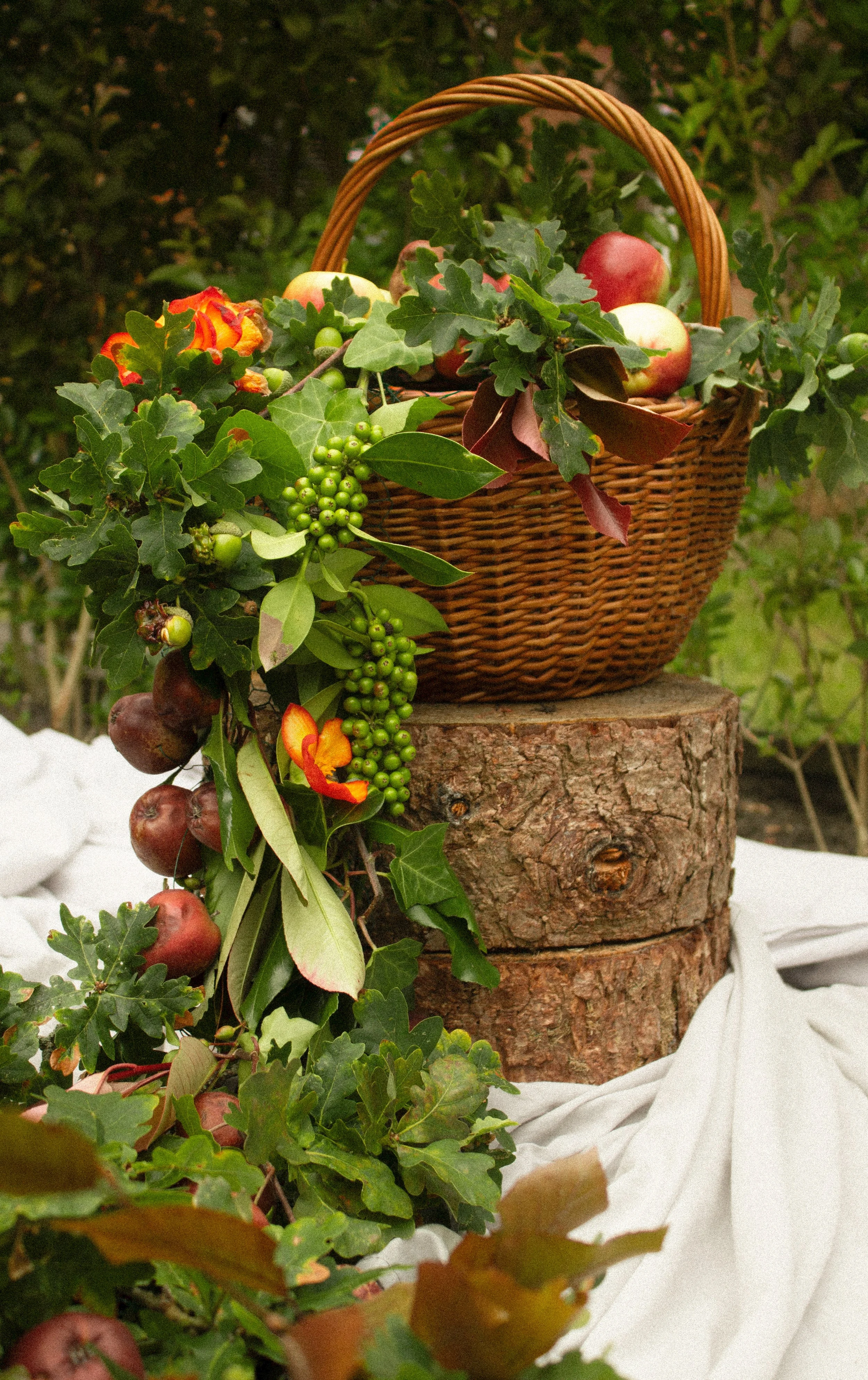 A wicker basket filled with apples, surrounded by green leaves, resting on a tree stump with a white cloth underneath. A unique floral arrangement.