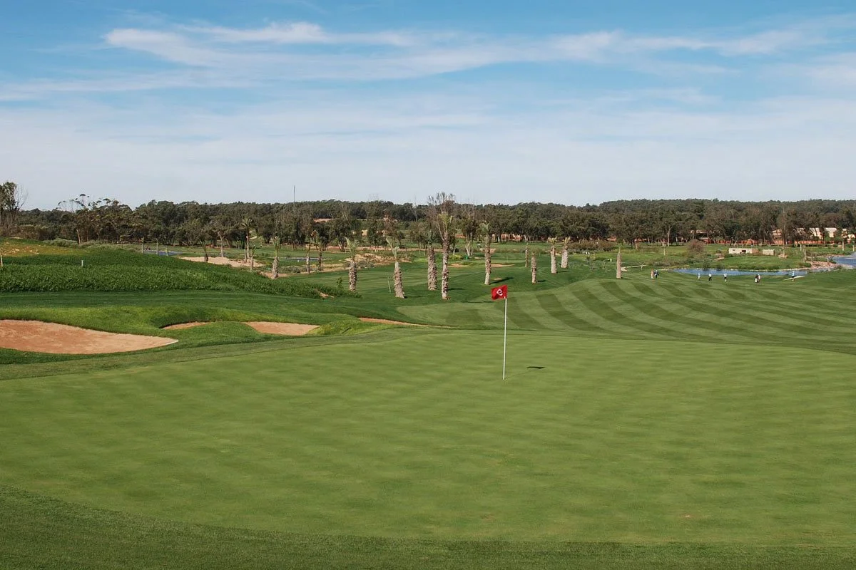 View of a golf course with a putting green in the foreground, a flag with a logo, sand bunkers, trees, water hazards, and a clear sky.