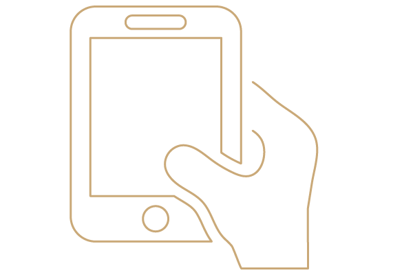 Line drawing of a hand holding a smartphone.