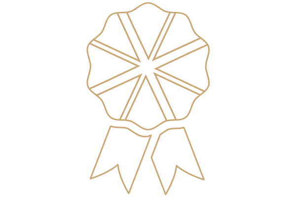 Golden outline of a ribbon award with a circular top and two hanging ribbon tails against a black background.