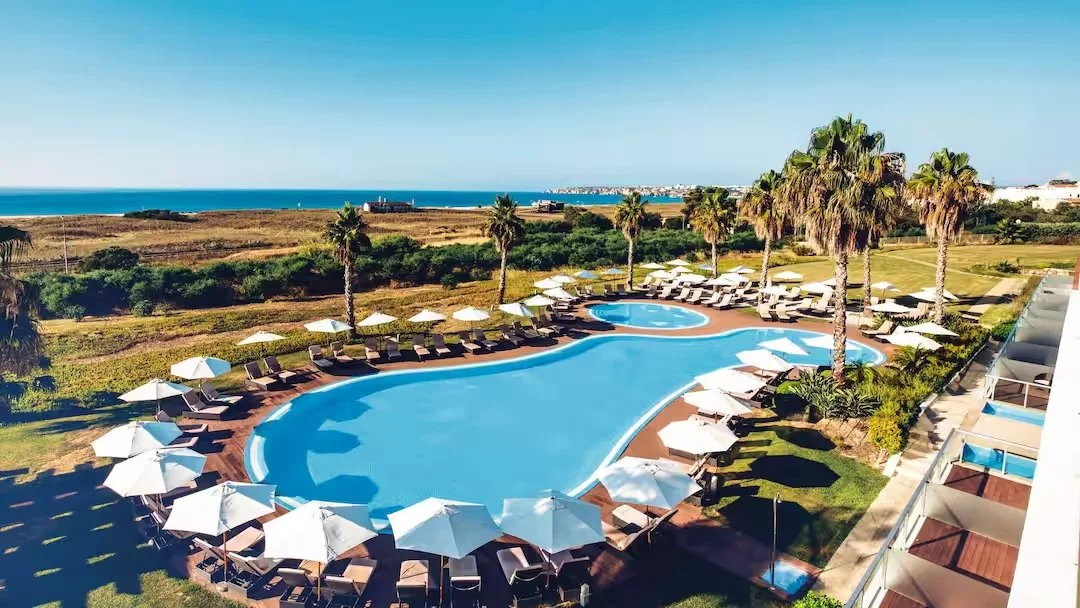 Swimming pool with lounge chairs and umbrellas, palm trees, and view of the beach and ocean in the background.