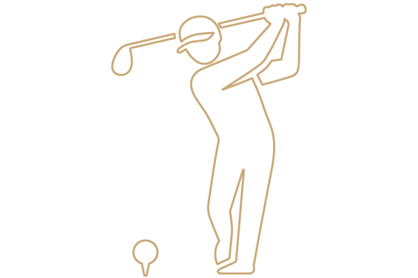 Line drawing of a golfer swinging a golf club, with a golf tee on the ground.