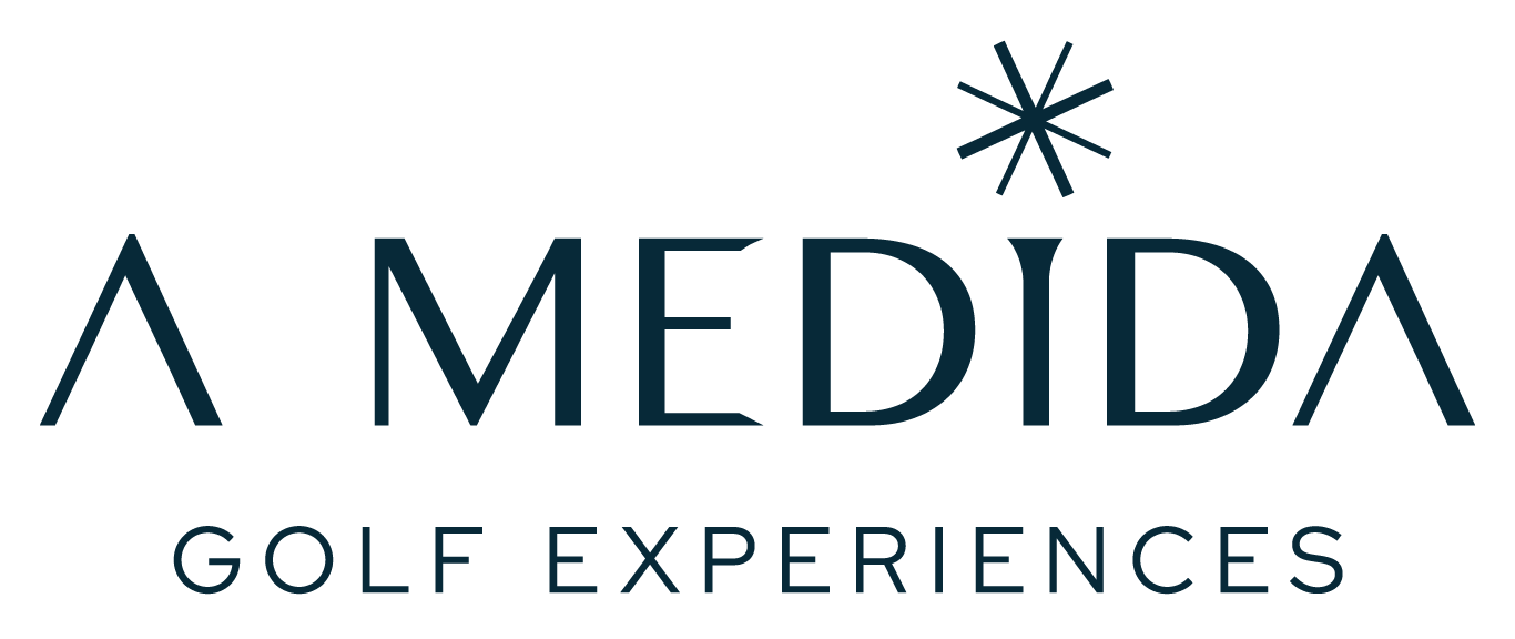 Logo for A MEDIA GOLF EXPERIENCES, with a stylized asterisk or snowflake symbol above the 'I' in 'MEDIA'.