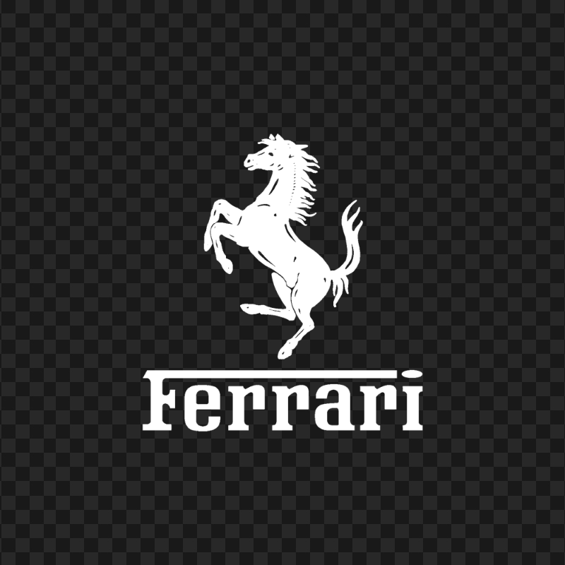 White Ferrari logo featuring a prancing horse above the word "Ferrari" on a transparent background.