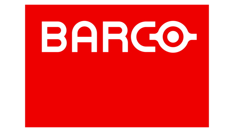Red background with the word "BARCO" in white, stylized text with a circular design integrated into the letter "O."