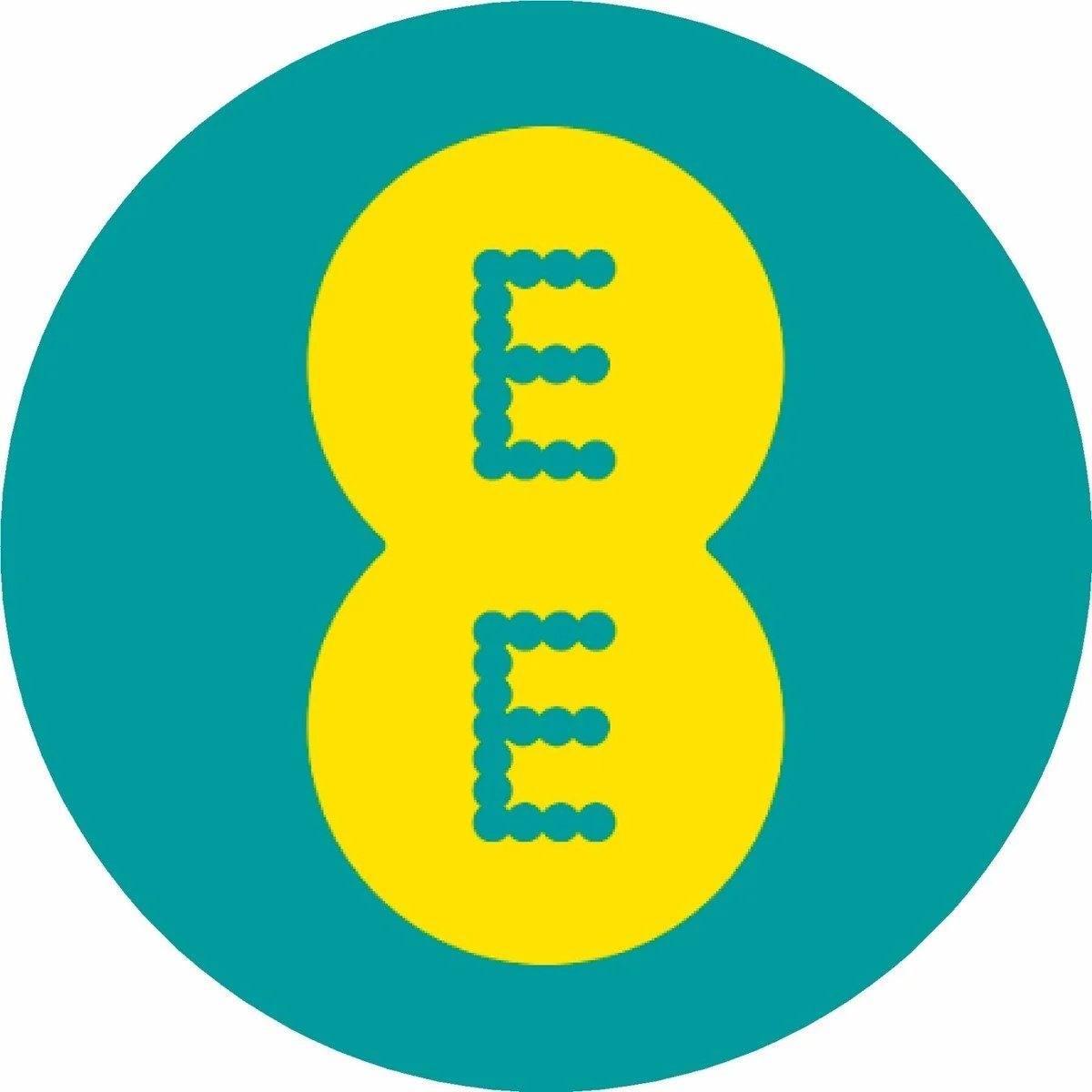 The number 8 with the letter E in the center of it, depicted using a sequence of small circles on a yellow background, within a teal circle.