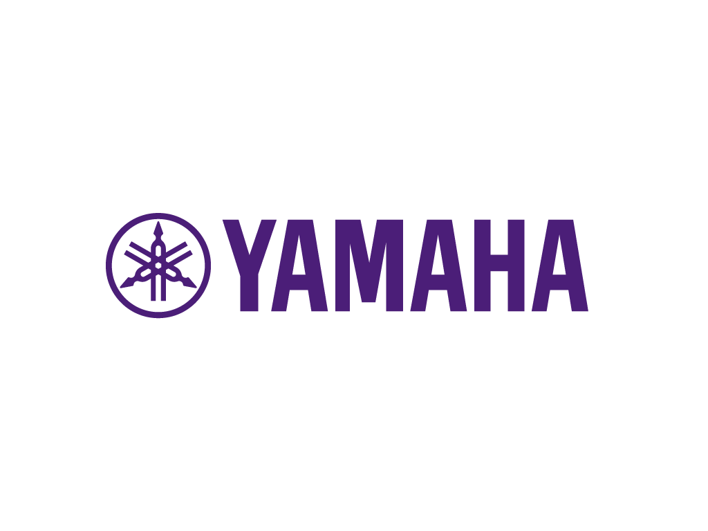 Yamaha logo with purple text and emblem on a black background.