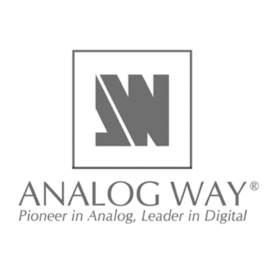 Logo of Analog Way with a large stylized 'A' and 'W' inside a frame, and the text 'ANALOG WAY Pioneer in Analog, Leader in Digital' below.